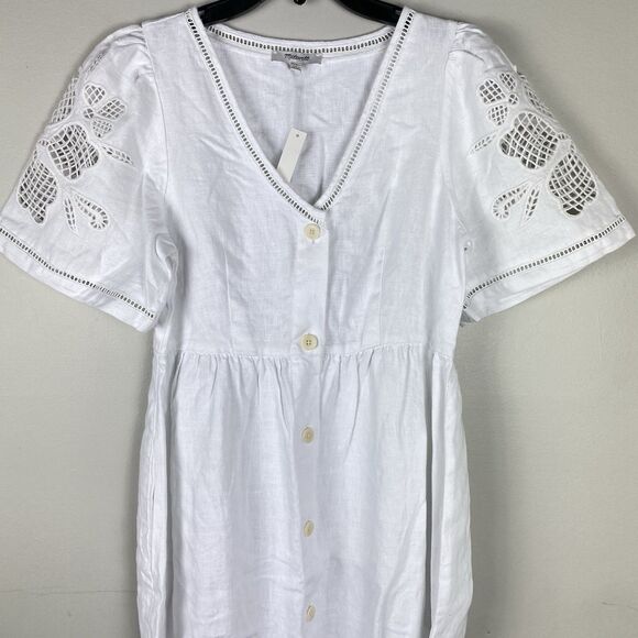 Madewell Cassie Button-Front Midi Dress Small Linen eyelet sleeves white NWT - Picture 3 of 11